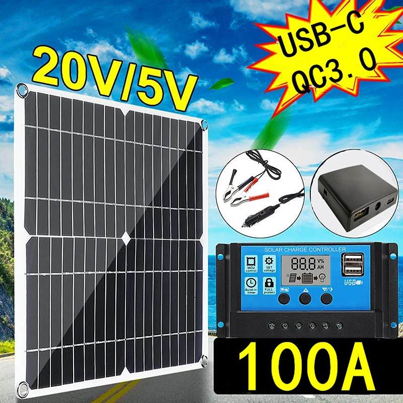 

100W Portable Solar Panel Kit Waterproof Solar Panel Charger with 100A Controller Solar System for Cell Mobile Phone Chargers