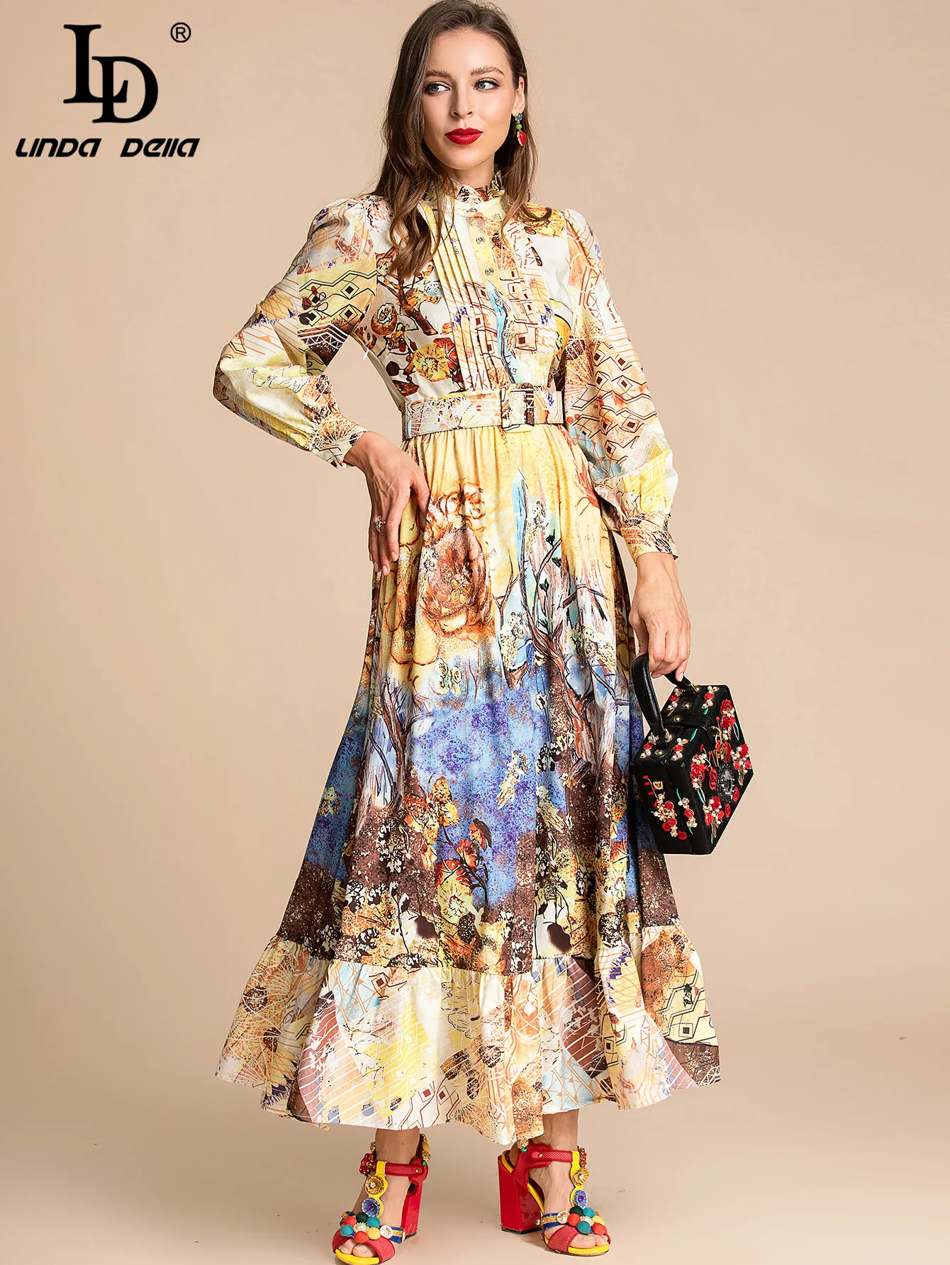 

LD LINDA DELLA Fashion Runway Summer Dress Women's Lantern sleeve Single-breasted Sashes print Long Vintage Party Dress