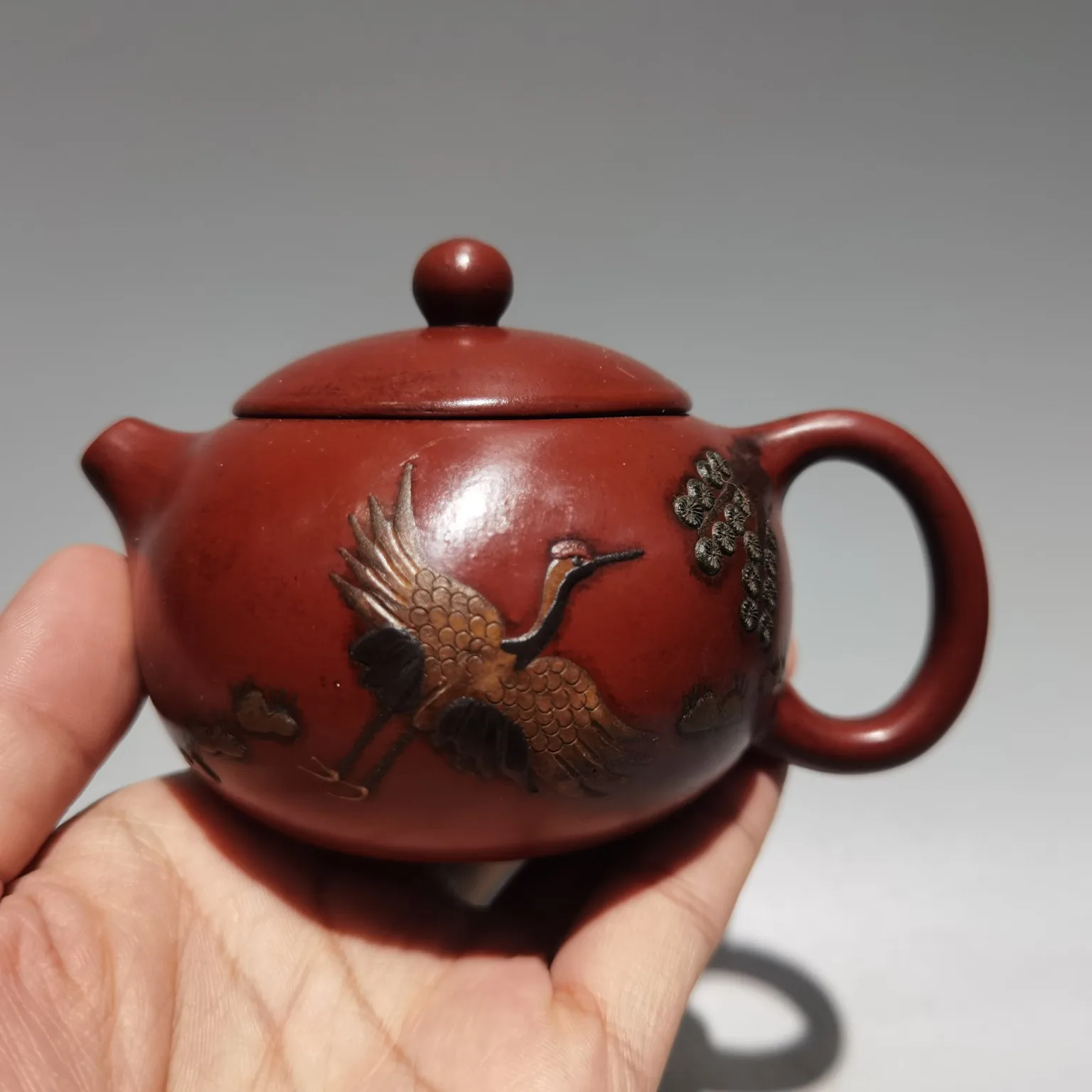 

5"Chinese Yixing Zisha Pottery pine crane longevity pot kettle teapot flagon red mud office Ornaments Gather fortune Town house