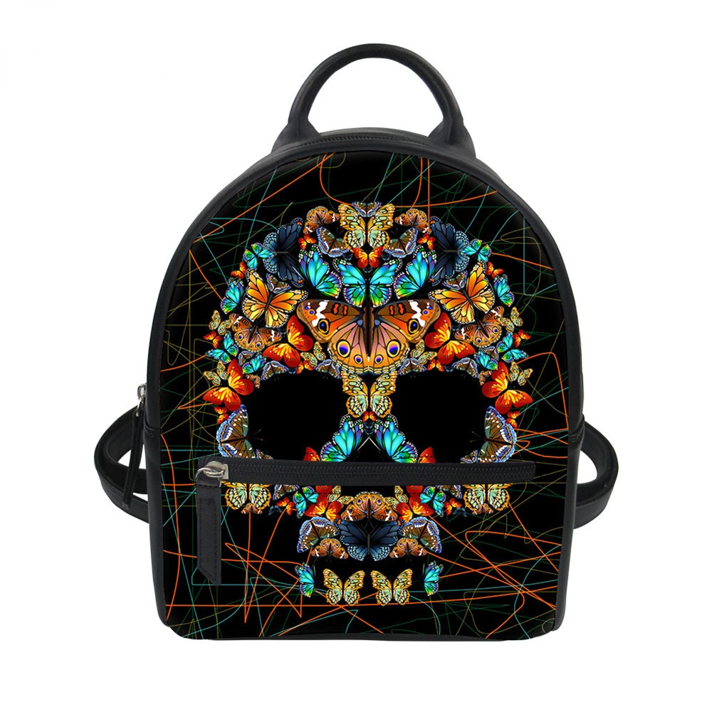 

Skulls Printing New Feminine Black Backpack Luxury PU Leather School Bags Women Mini Butterfly Rose Rucksack Dropshipping