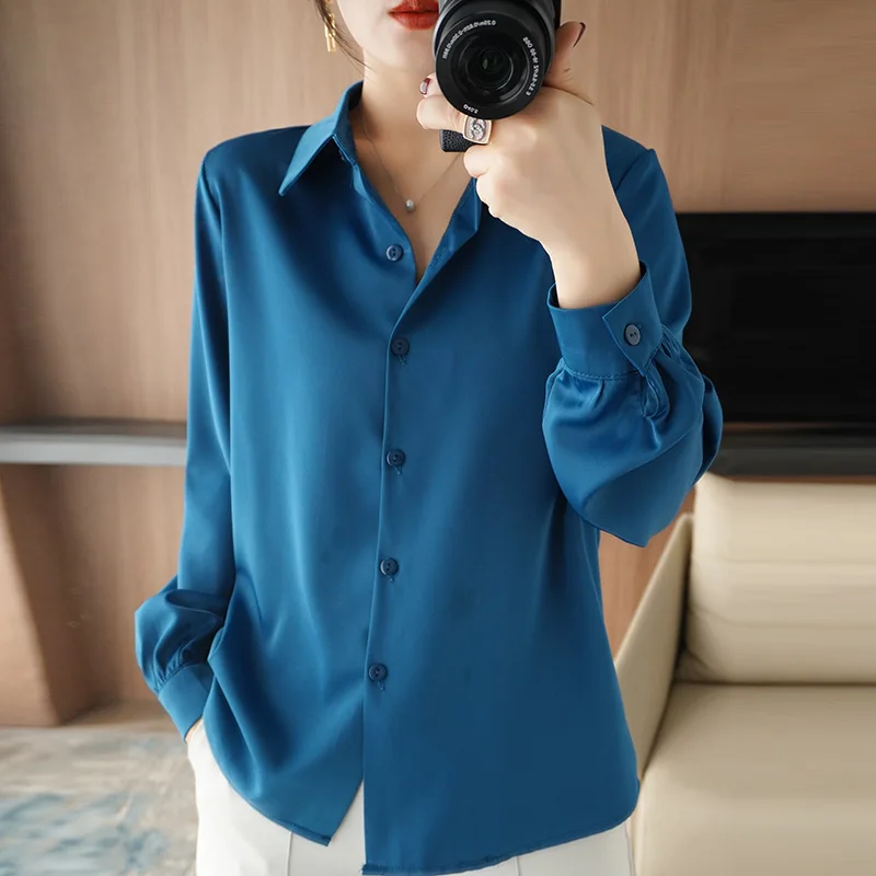 Женский Шелковый кардиган с лацканами Новые однотонные Атласные Рубашки