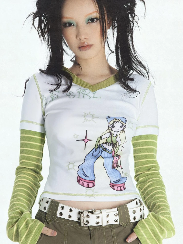 

Komiyama поддельные футболки из двух частей лоскутный принт полосатые блузы женские модные 2022 Искусственные женские тонкие Топы