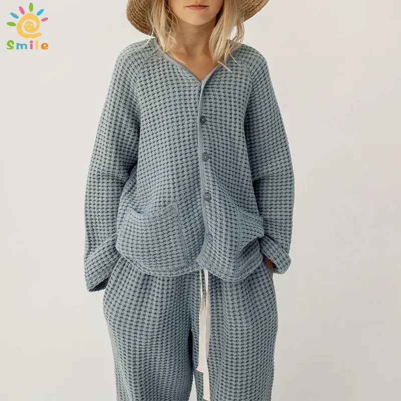 

Spring Autumn New Waffle Retro Child Suit Organic Cotton Casual Kids Tops + Trousers Pajama Home Wear Sets Children's Clothing