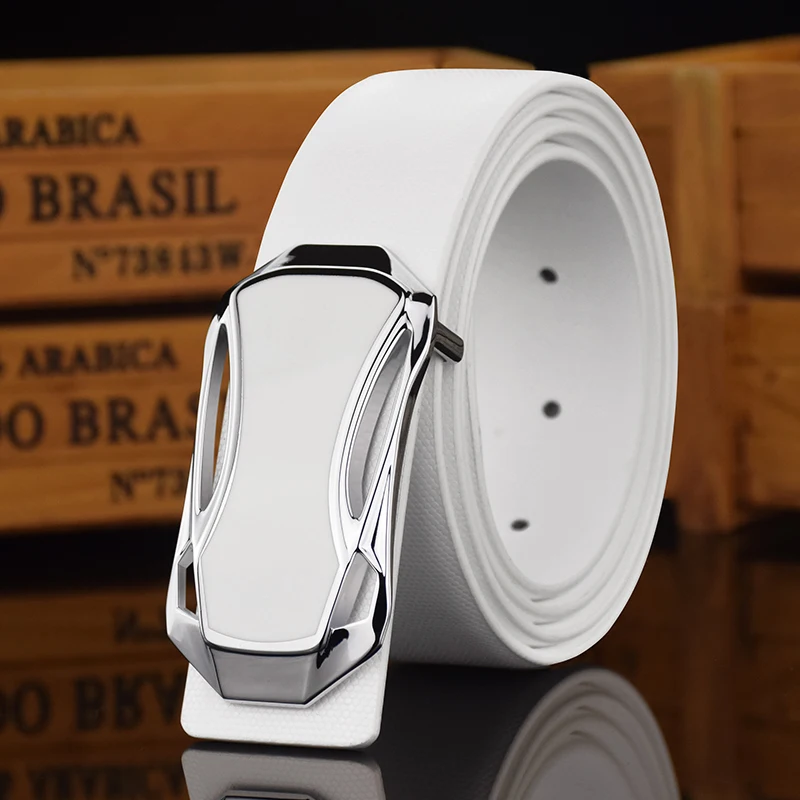 

High quality luxury boys slide buckle white designer belts men luxury brand genuine leather 3.3cm wide Casual cowboy Waistband