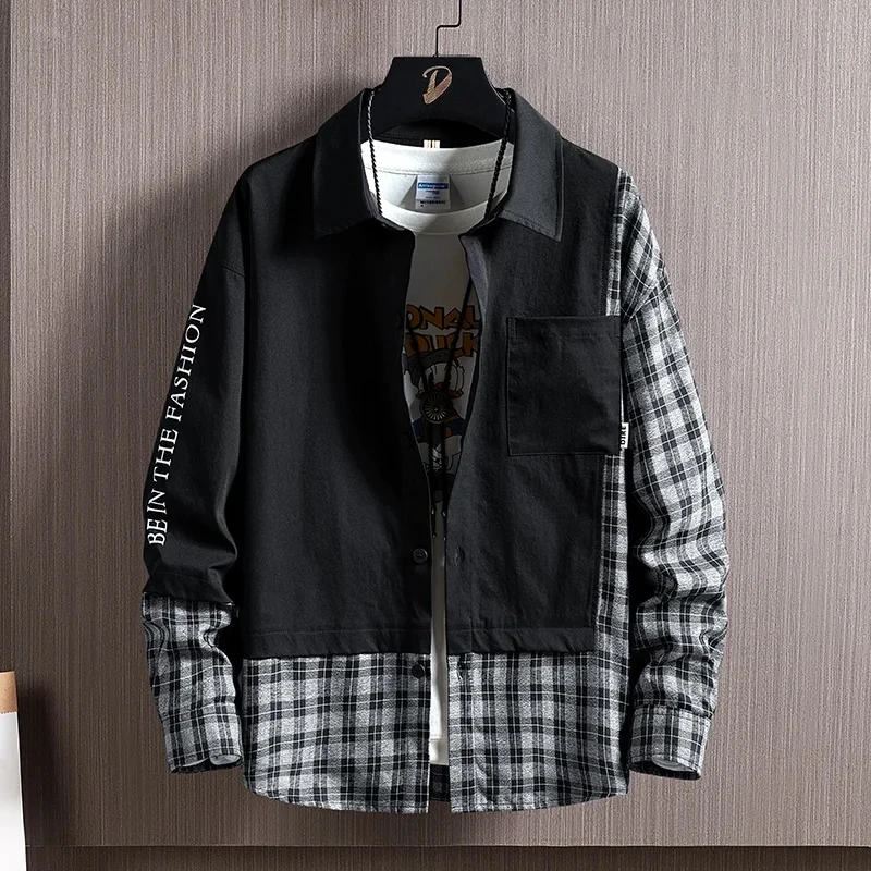 

Рубашка мужская с длинным рукавом, фланелевая, в Корейском стиле, в стиле пэчворк, в клетку, в стиле Харадзюку, весна-осень 2022