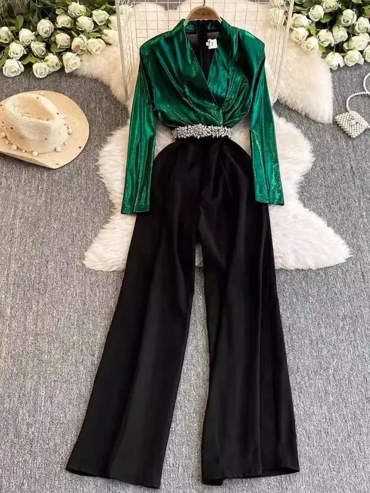 Женский Осенний комбинезон с широкими штанинами длинный V-образным вырезом