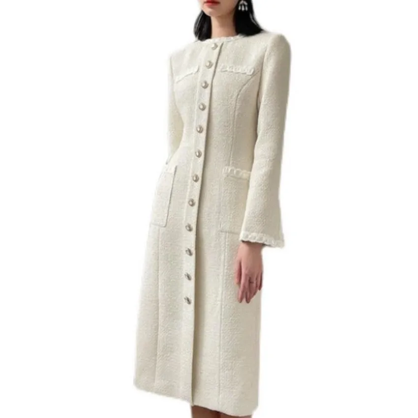 French Style Spring Tweed Wool Women Dress Eelgant Long Sleeve Business Korean Single Breasted Slim