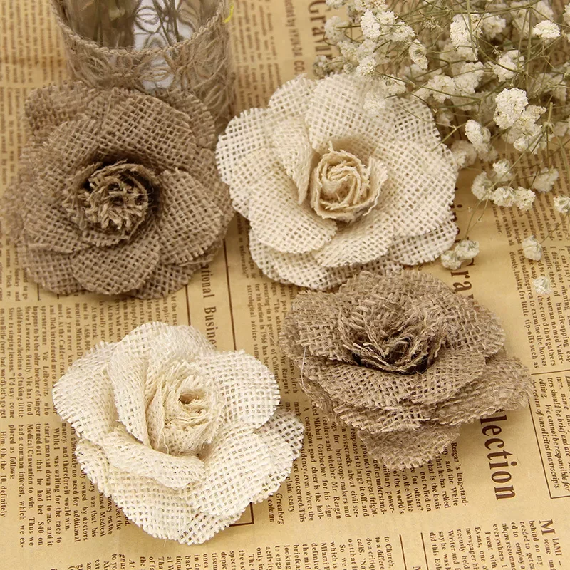 

9cm Handmade Jute Hessian Burlap Rose Flowers Vintage Rustic Wedding Decoration Jute Christmas Decorations for home