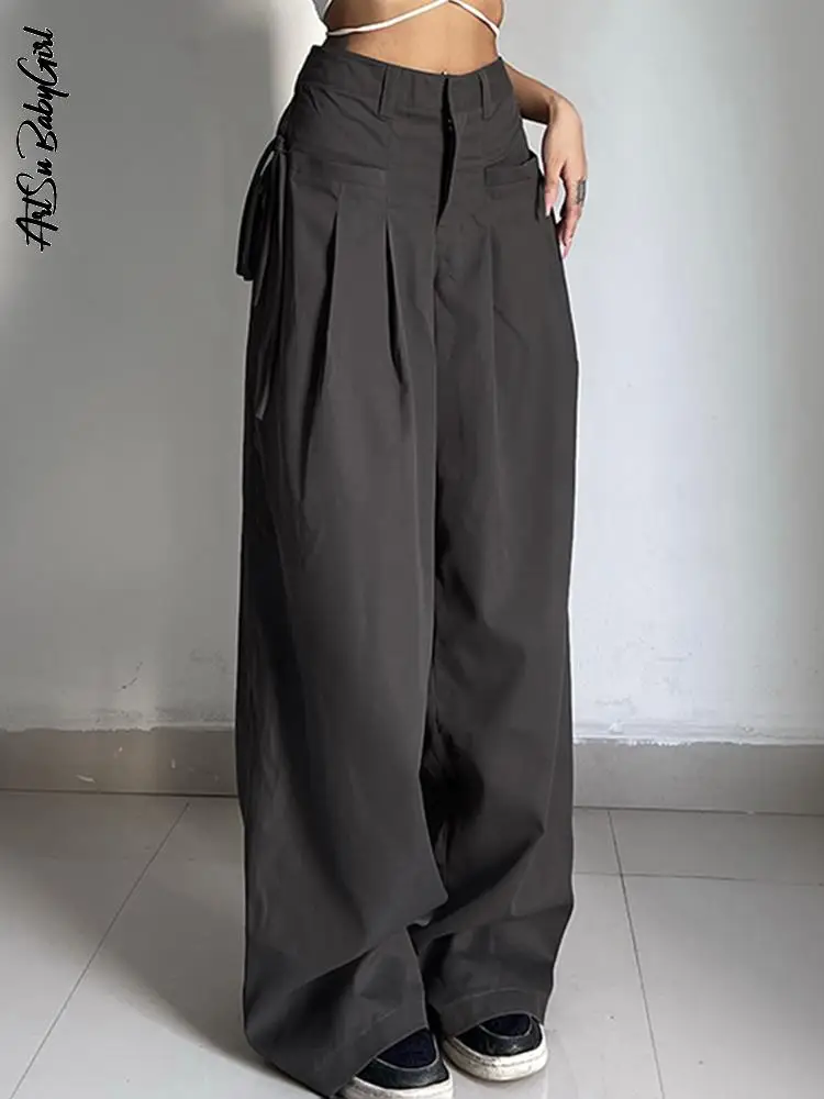 

Брюки-карго женские с широкими штанинами, повседневные мешковатые штаны на шнуровке, с низкой посадкой, однотонные серые, уличная одежда, Y2K
