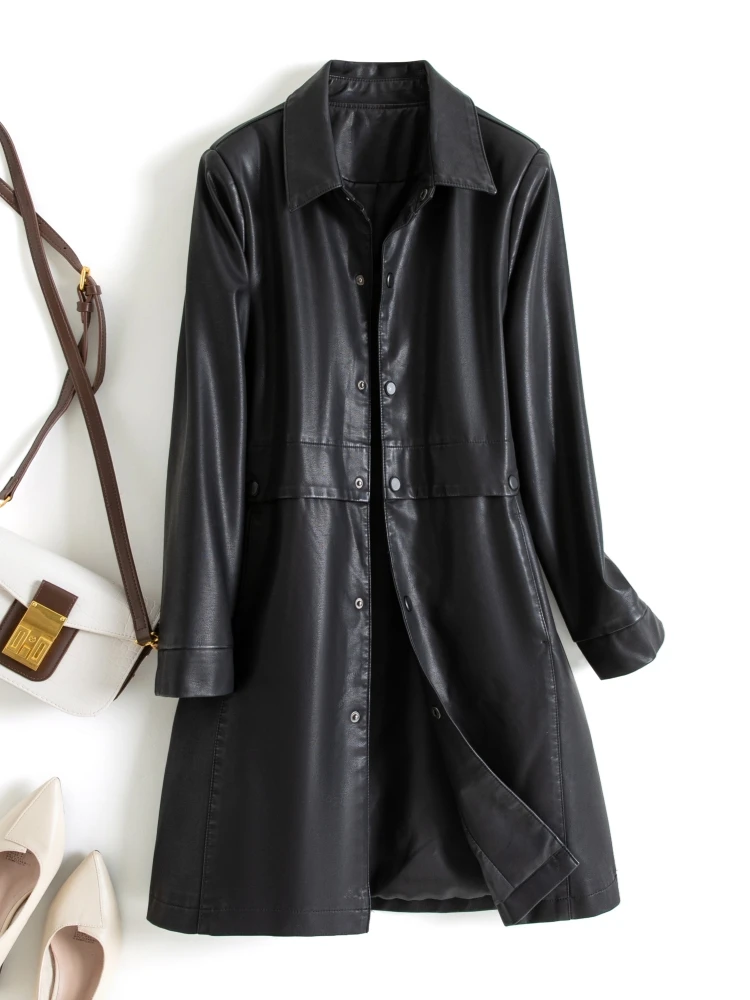 Черное кожаное ветрозащитное пальто верхняя одежда для женщин средней длины