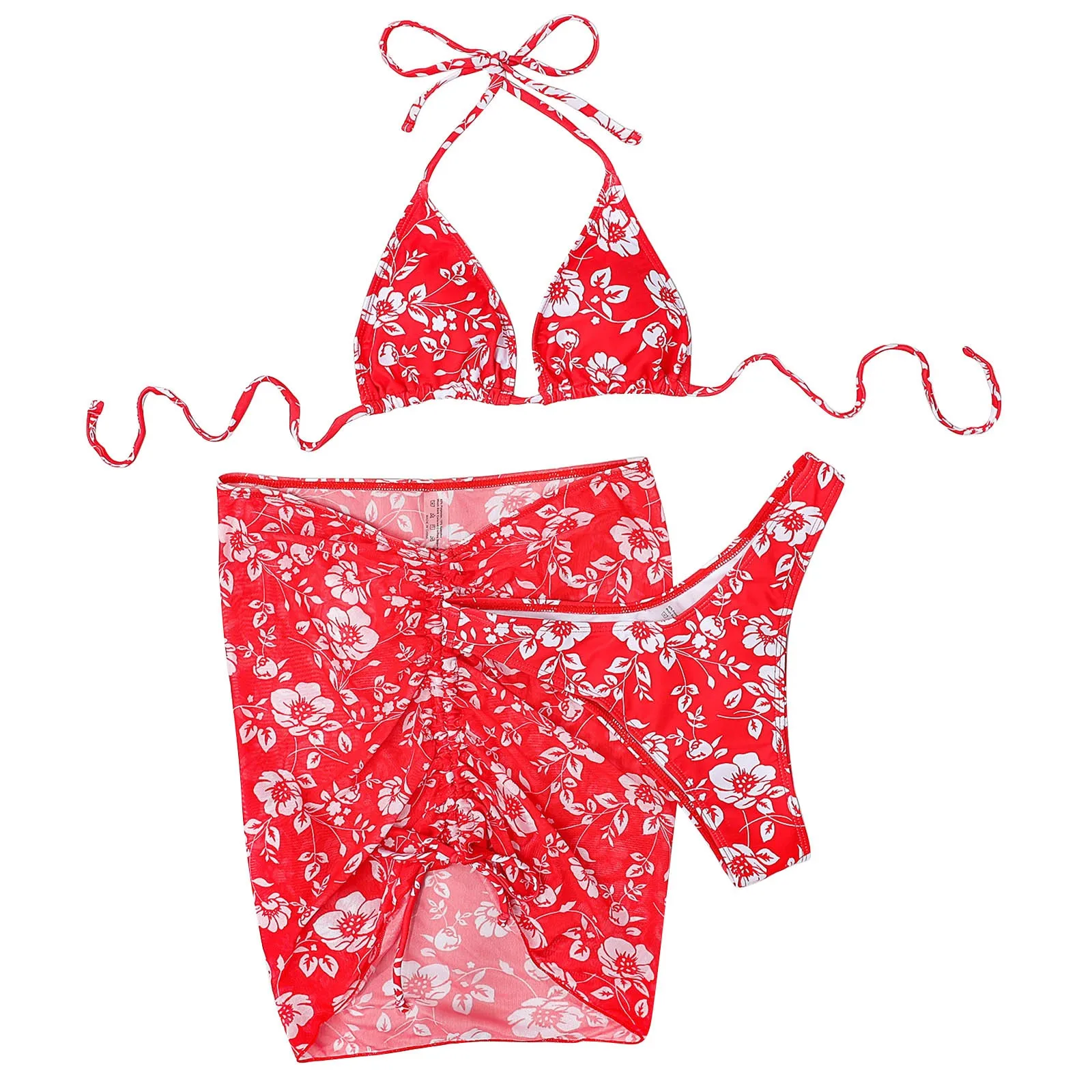 

Swimsuit for Women 3 Piece Flower Print Split Bathing Suit High Waist Wrap Tummy Control Sexy Bikini Swimwears Women's swimsuit