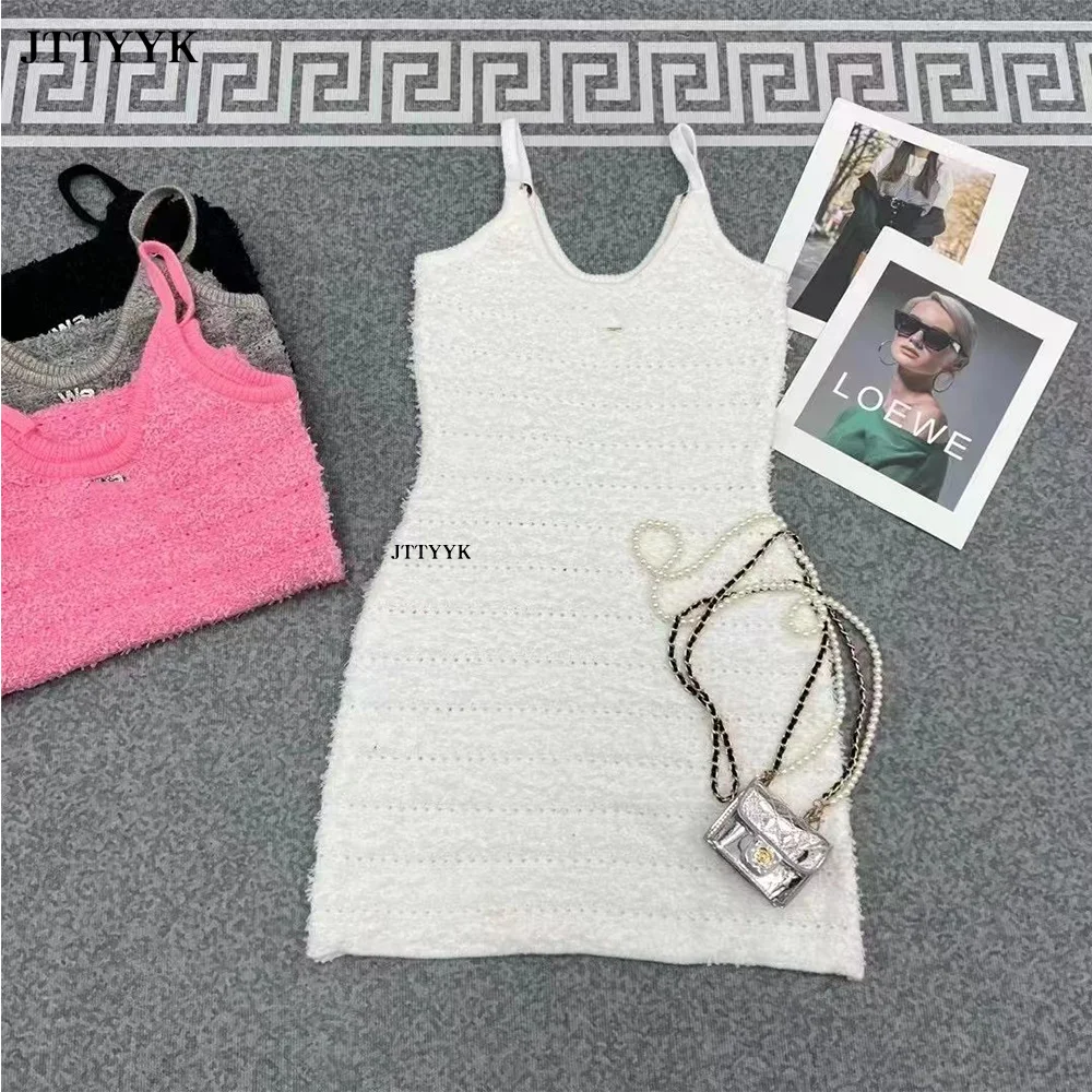 

Pink Tweed Spaghetti Strap Mini Dress Sexy Sleeveless Mix Weave Knit Texture Tube Shift Halter Party Dresses Formal Vacay Gown