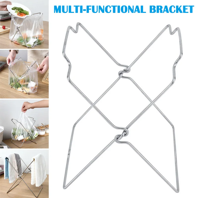 

Stainless Steel Garbage Bag Shelf Rack Kitchen Countertop Foldable Trash Bag Holder Accessories Large Opening Hook Portable Ligh