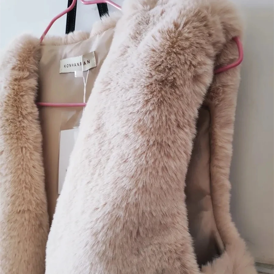 Fall Winter Mid-length Faux Rabbit Fur Vest Women Warm Thick Gilets Plush Soft Waistcoat Sleeveless Jackets Fashion Outwear Top