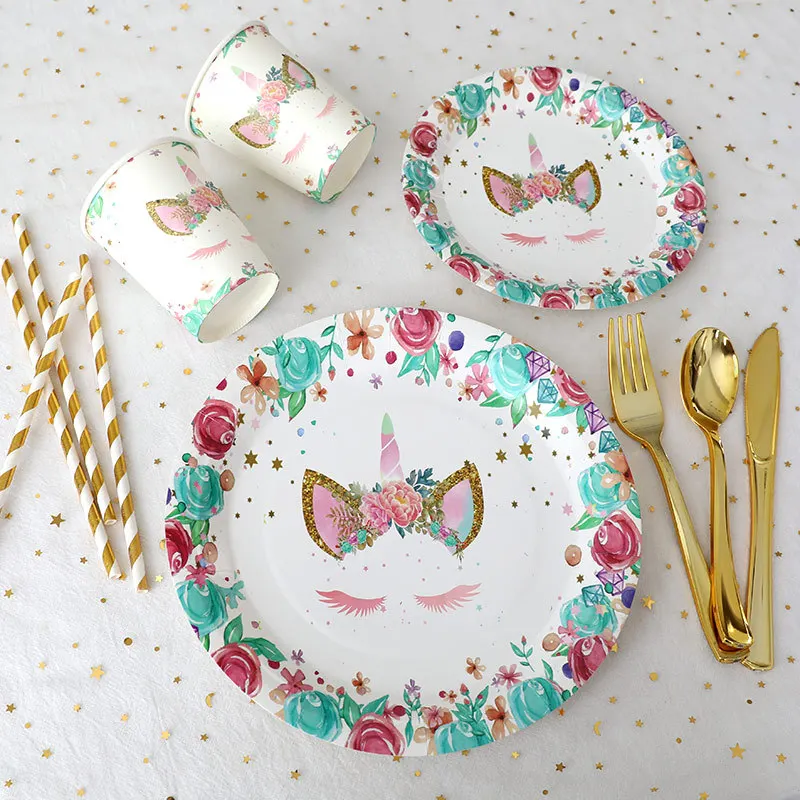 

Одноразовая посуда с принтом единорога для дня рождения, товары для вечевечерние на день рождения, бумажная тарелка с единорогом, украшение...