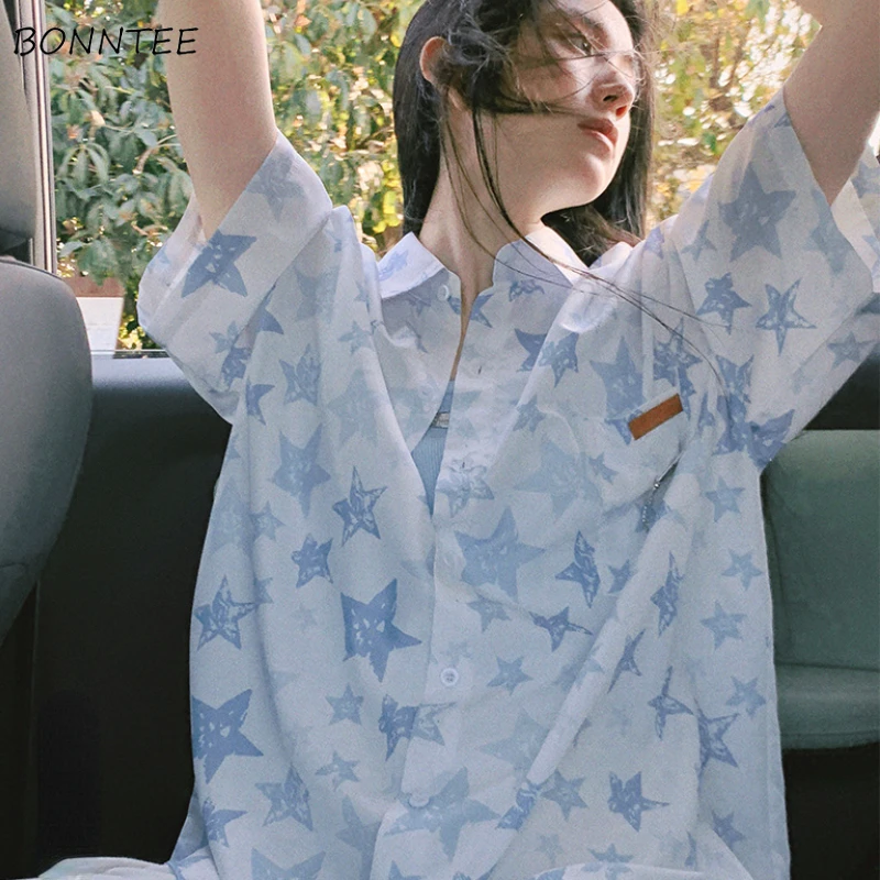 

Shirts Women Daily Ulzzang Loose Attractive Students Printing Design Fashion Summer All-match Popular Turn-down Collar Vacation