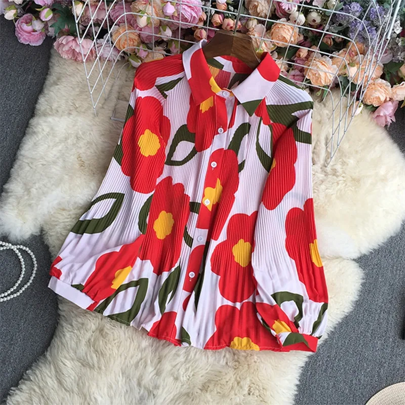 

Spring Long Sleeve Tie Dye Print Shirt New Casual Single Breasted Turn-Down Collar Floral Office Lady Women's Clothing Blouse