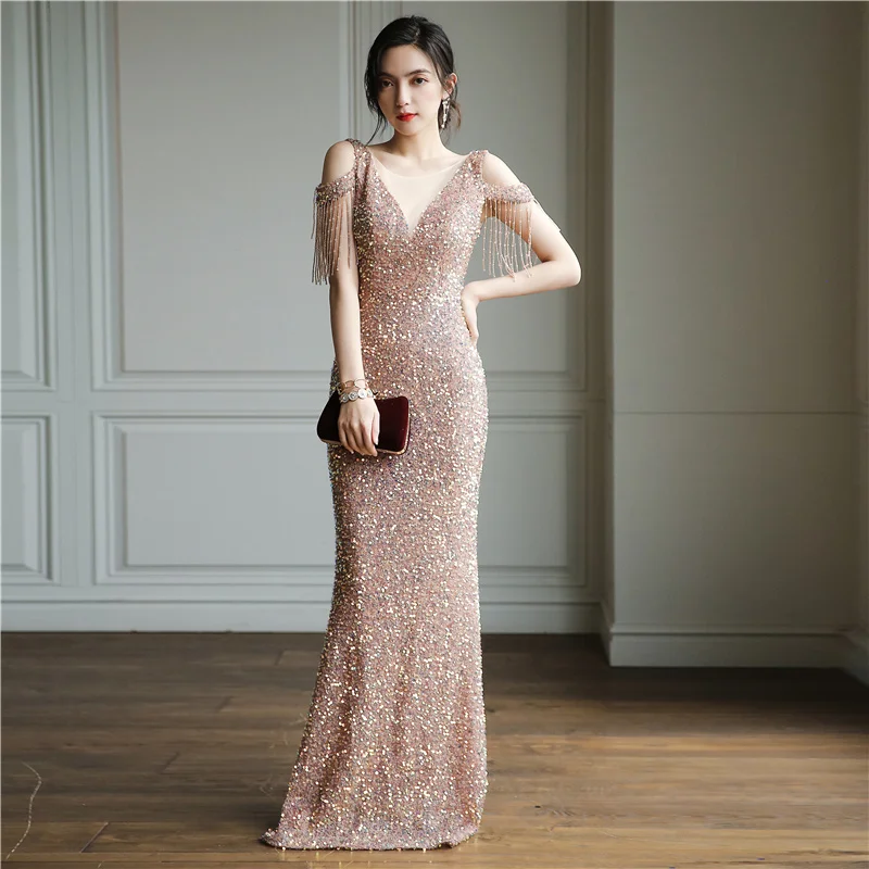 

Вечерние платья с блестками и бусинами, соблазнительные длинные платья в пол с открытыми плечами для выпускного вечера, 2022