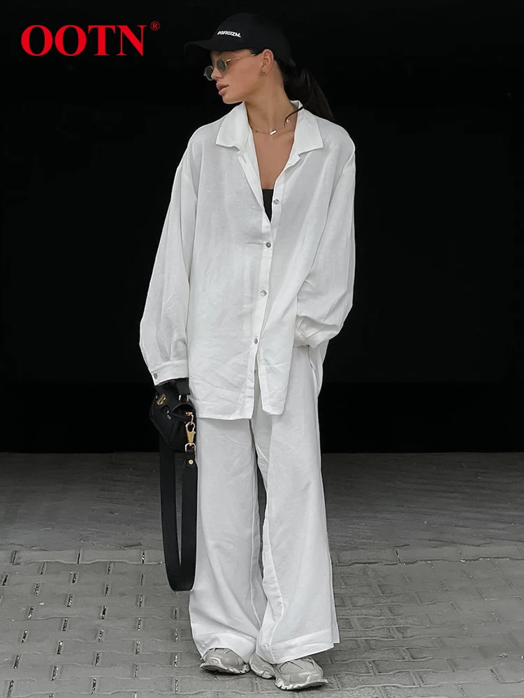 

OOTN Office White Long Pants Suits Summer Cotton Linen Lapel Button Up Shirt Elastic Waist Pants 2 Piece Sets Women Outfits 2023