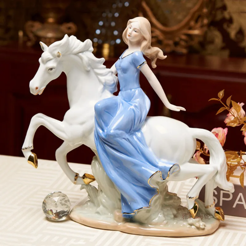 

Ceramic Figure Sculpture Horseman White Horse Lady Statue Decorative Figurines Porcelain Artifact Home Decoration Accessories