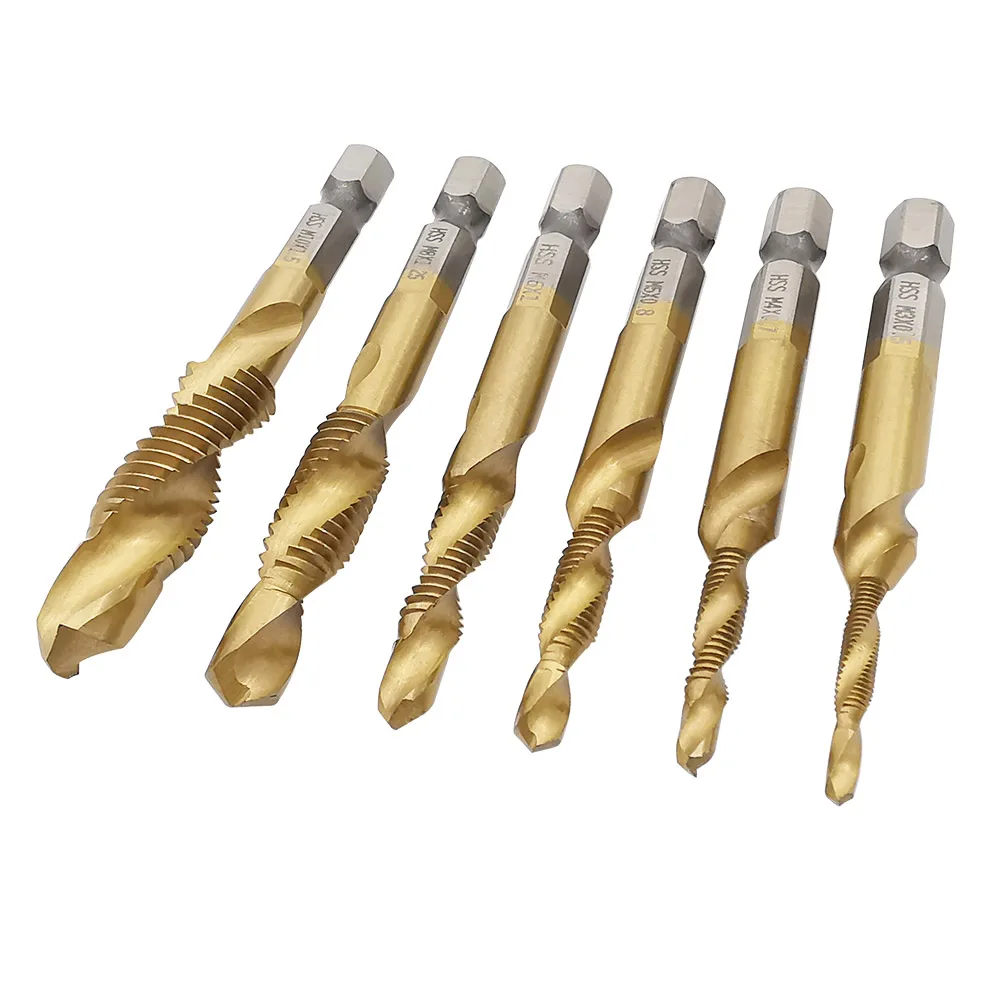 6Pcs Titanium Plated Drill Tap HSS Screw Thread Metric Hex Shank Tapping Bit Tool M3 M4 M5 M6 M8 M10 |