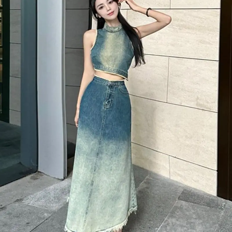 Корейский градиентный дизайн острый джинсовый жилет для девушек Топ с высокой