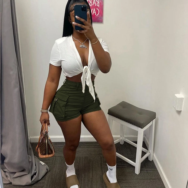 Women Fashion Solid Cargo Shorts Summer Casual High Waist Pocket Skinny Bottoms Sexy Nightclub Party Y2K Streetwear S-XXL