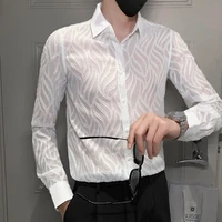 2022 lace cutout mens shirts long sleeve sexy slim fit casual shirt social party tuxedo blouse nightclub stage camisa masculina