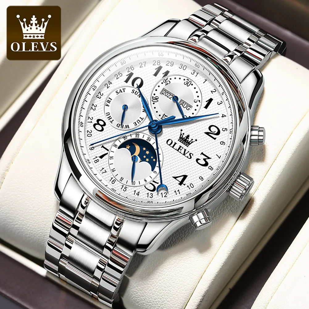 OLEVS 2023 New Business Men Automatic Mechanical Watches Stainless Steel Waterproof Multifunction Watch with Moon Phase 24 Hours