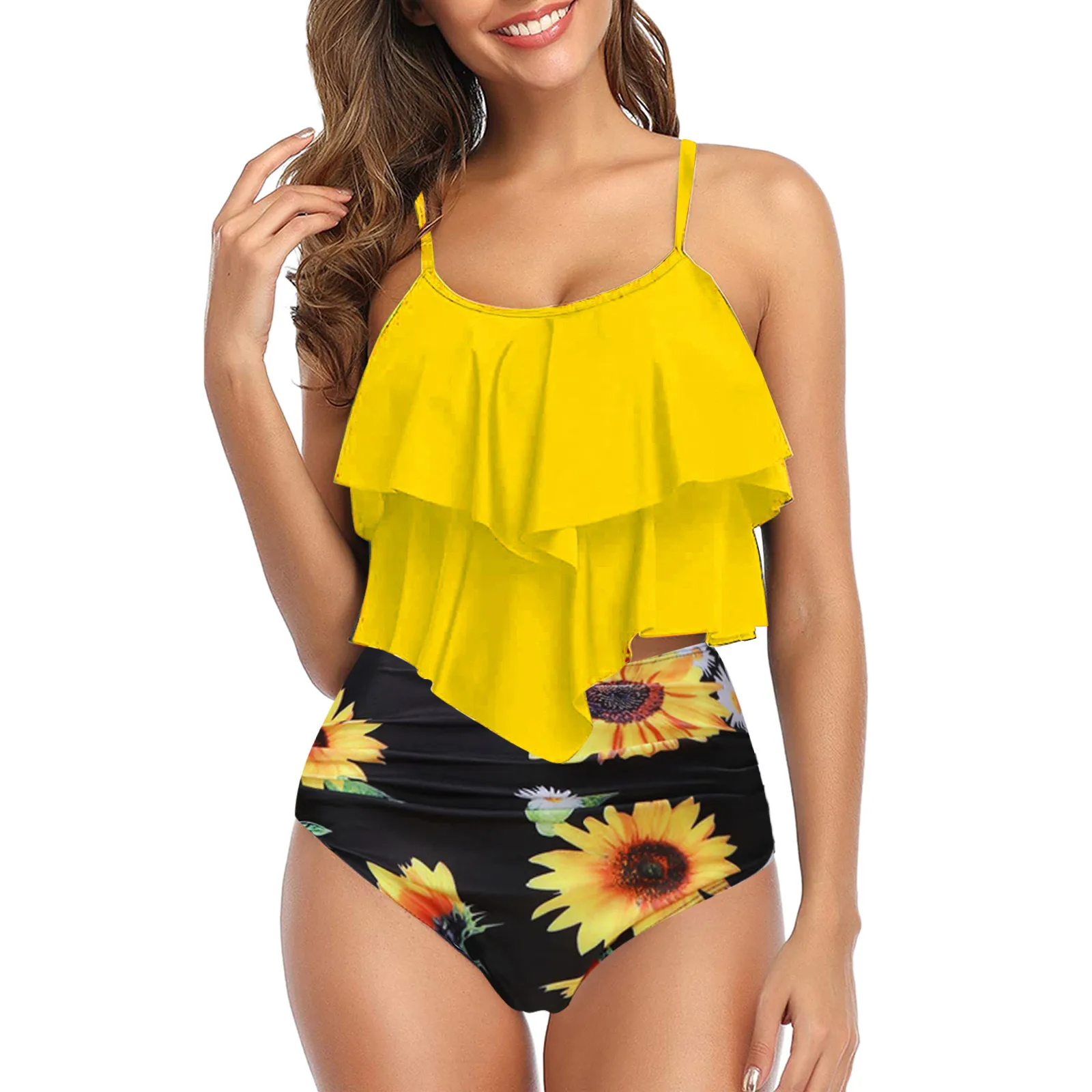 

Купальные костюмы из двух частей с принтом подсолнухов, женские Танкини, купальники с высокой талией, многослойные купальные костюмы с обор...