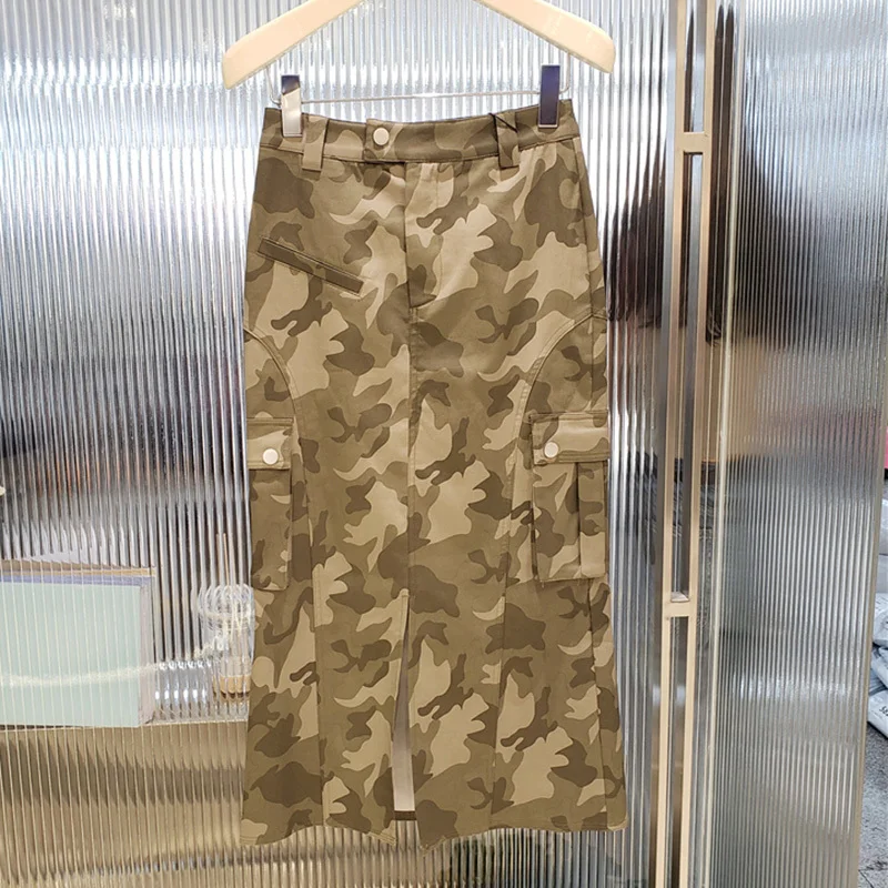 

SeeBeautiful Camouflage Printed Half-bosy Skirt High Waist Pockets Patchwork Split Women Summer 2022 New Fashion Tide Q449