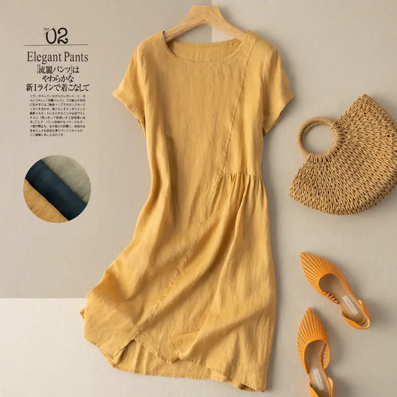 

100% Cotton Solid Color O Neck Short-sleeve Dress Women's Summer Literary Casual Retro Loose Mid-length Dresses Vintage Clothing