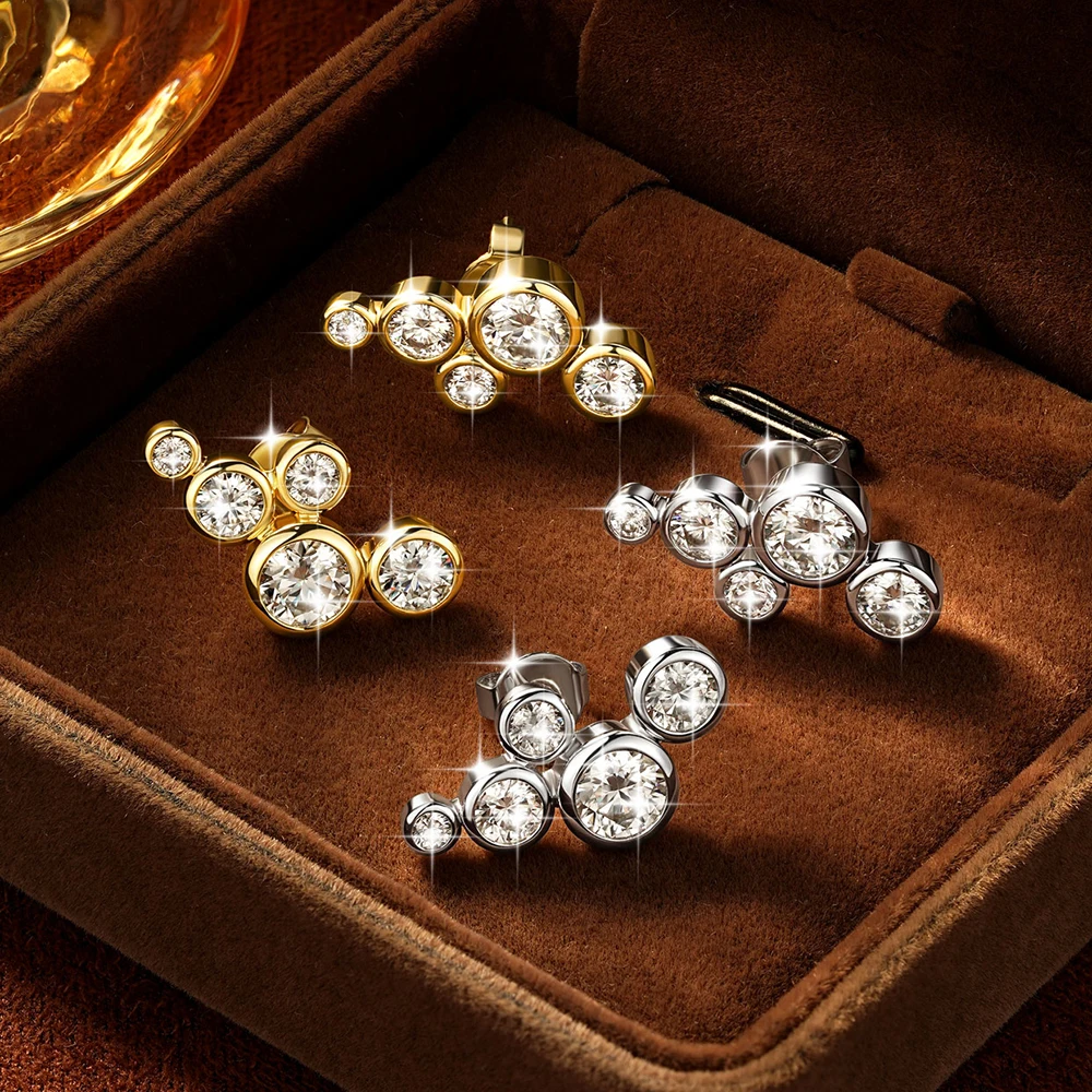 Фото Серьги-гвоздики Lnngy из золота 14K с 5 камнями в стиле «пузырьки», сертифицированные, с муассанитами 5 мм в оправе, элегантные ювелирные изделия, подарок №3