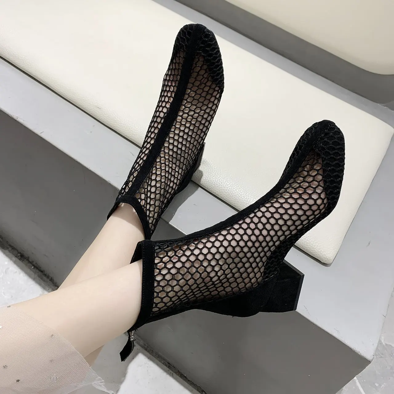 

Breathable Mesh Chelsea Ankle Boots Women Low Block Heels Summer Short Boots Flat Shoes Ladies Booties Sandalias Botas Femininas