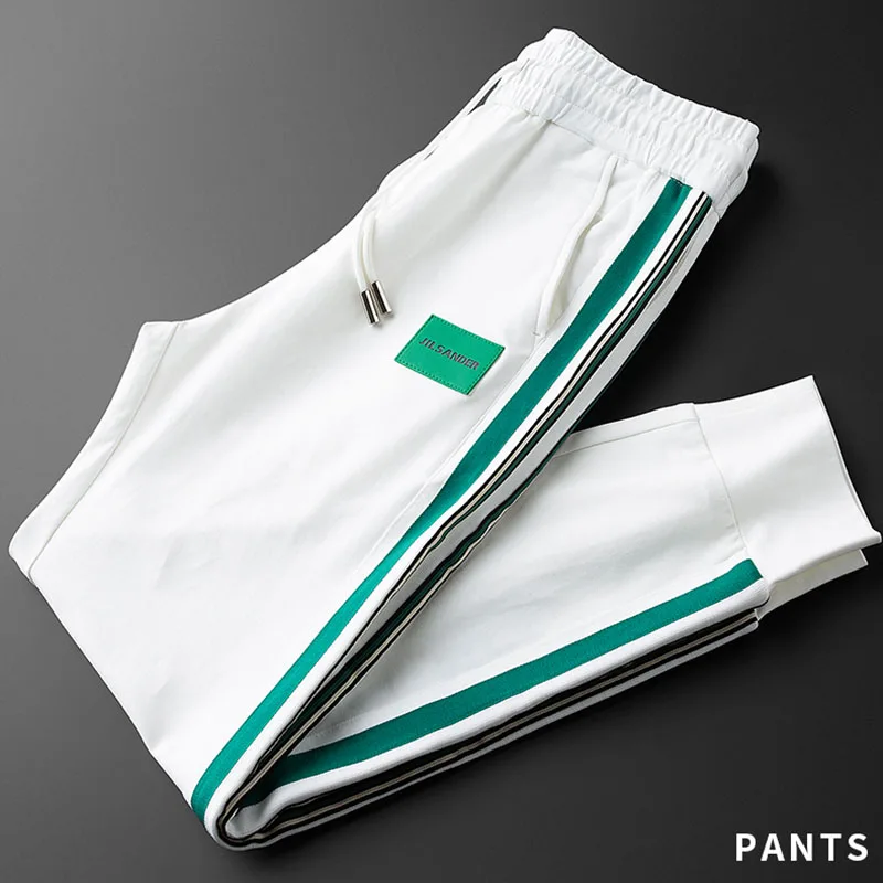 

Light luxury European goods summer thin fashion elastic knitted pants men's slim binding feet casual white sweatpants men