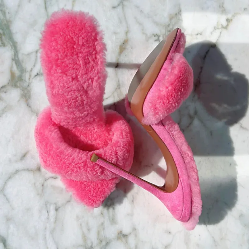 Charming Fur Peep Pointed Toe Slip-on Summer Slingback Slides Women Stiletto High Heels Dress Runway Shoes Sandals Slippers 2023