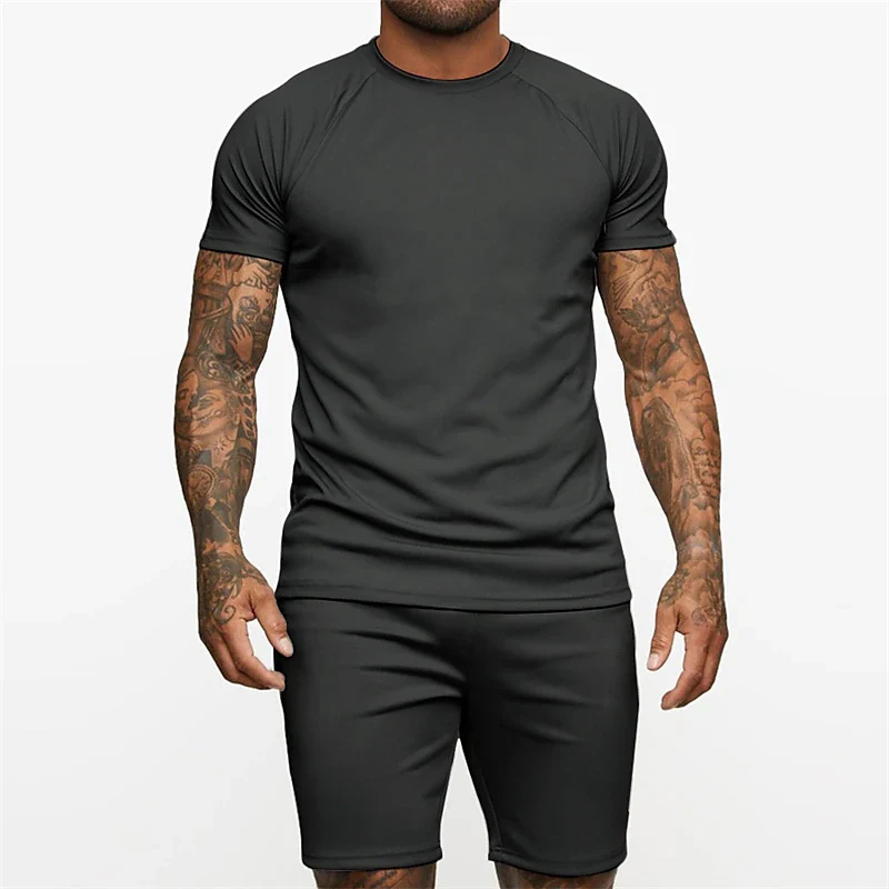 Men Clothing 3D Printed T-shirt Suits Plus Size Solid Color Designer Graphic Round Neck Ropa Short Raglan Sleeve 2 Pieces Summer