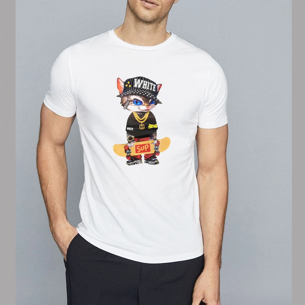 

2022 Summer Short Sleeve T Shirt Men Women Funny Cat Skate Shitr Print O-Neck Cotton Shirt Outdoor Streetwear.