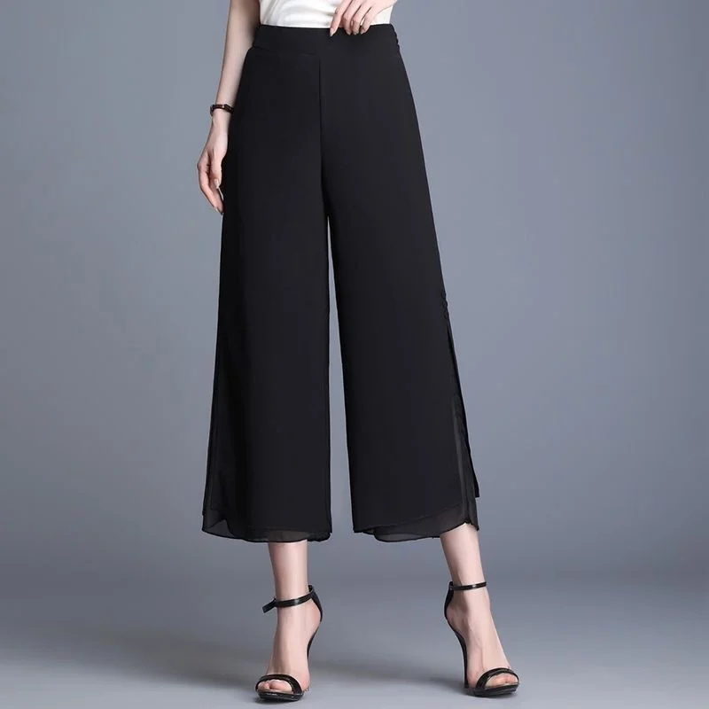 Summer Women's Thin Wide Leg Pants New High Waist Casual Split Chiffon Ttrousers Korean Fashion Office Lady Cropped Pants