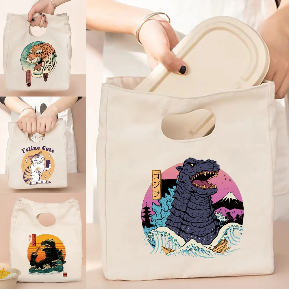 

Canvas Tote Thermal Lunch Bag Women Bag Anime Japan Cat Print Clutch Shopper Grocery Storage Bags Eco Organizer Travel Bags