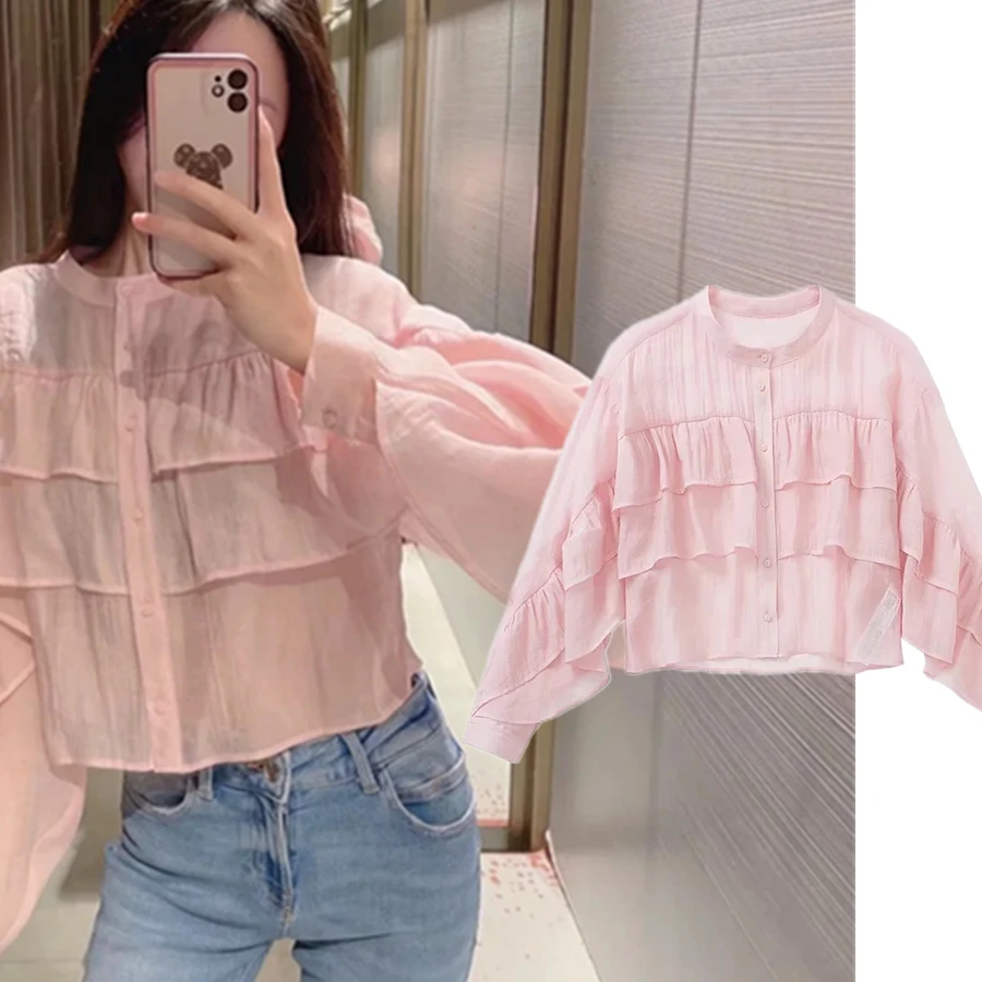 

Jenny&Dave 2022 England Style France Romantic Pink Color Cascading Blouse Women Fashion Blouse Women Tops Casual Shirt