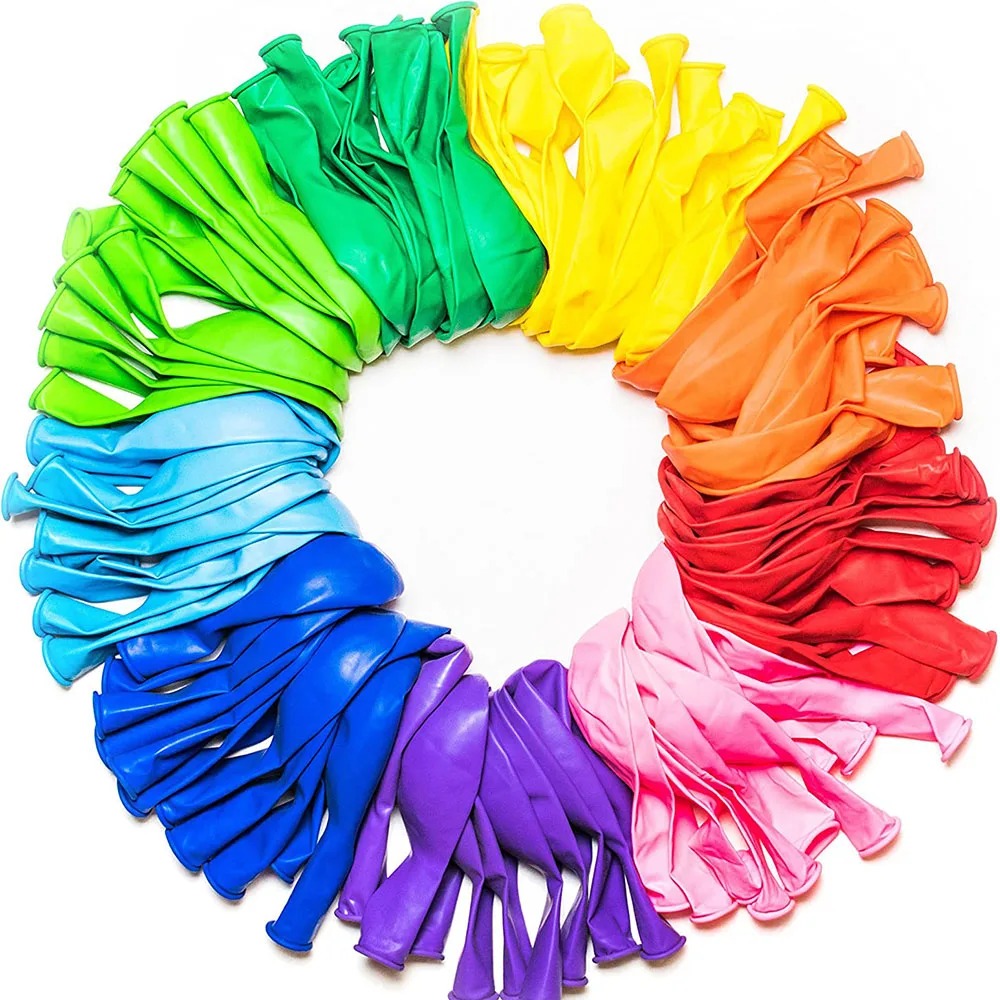 

Balloon Rainbow Set (Pack of 100) in a variety of vibrant colors, made of strong colored latex, suitable for helium or air use.