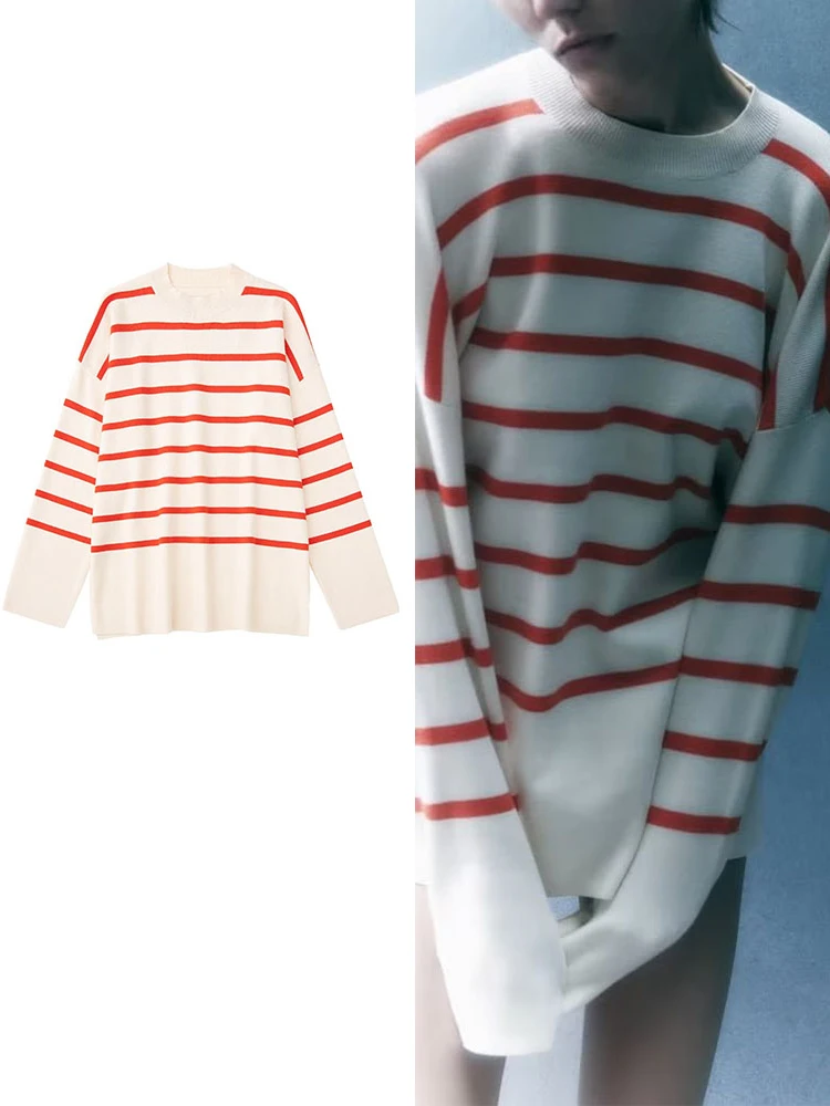 

Женский трикотажный свитер в полоску, с круглым вырезом и длинным рукавом