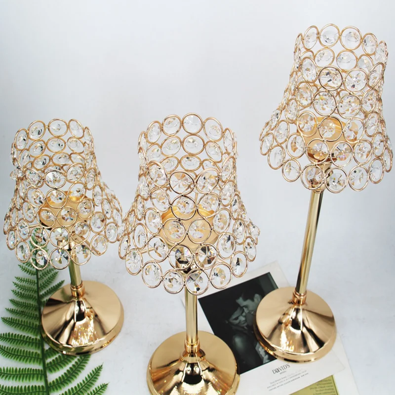 

Goud Pijler Bureaulamp Crystal Votive Kandelaar Centerpieces Voor Bruiloft Decoratie Kaars Lantaarn