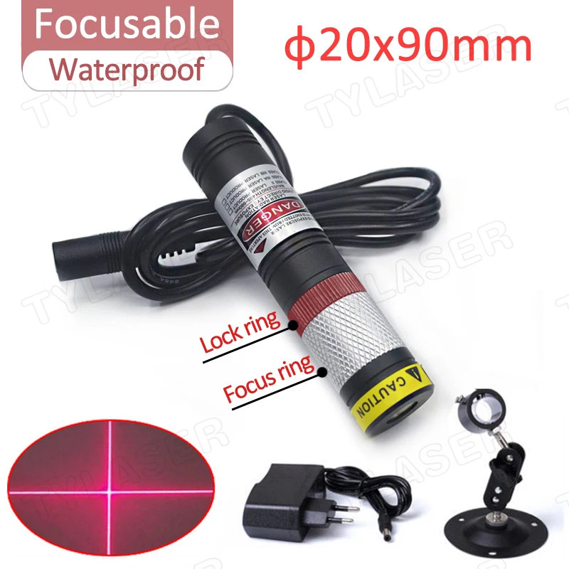 

Waterproof D20X90mm Focusable 635nm Red Cross Line 10/30/50/100mW Laser Module for Cutting Positioning with Bracket and Adapter