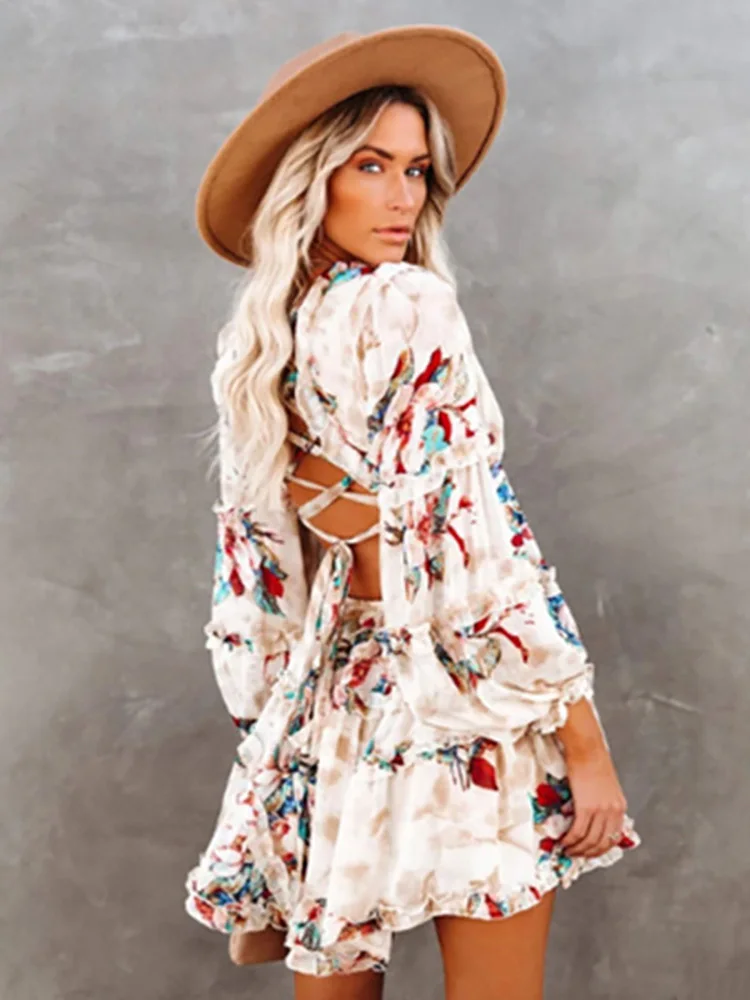 Fitshinling Backless Lace Up Chiffon Dress Ruffles Lantern Sleeve Cut Out Pareos Print Floral Sexy Deep V Neck Robe Slim Dresses |