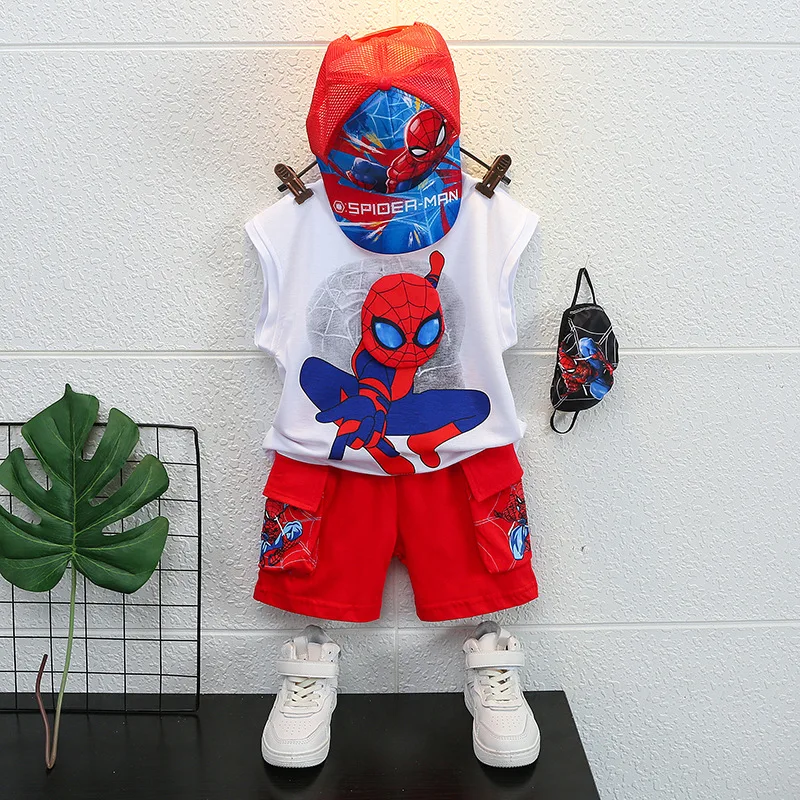 

4pcs/set Marvel Kids Spiderman T Shirt Tops Hat Mask for Child Boys Girls Baby Toddler Children Summer Set Tees 1-9 Years.