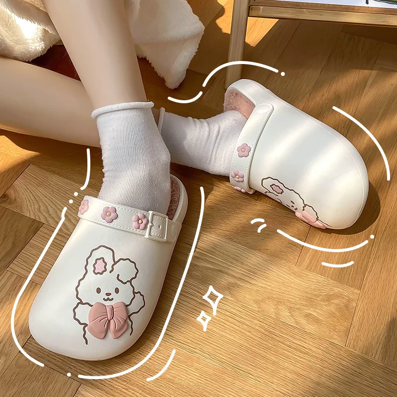 Indoor Winter Women Home Cotton Slippers Waterproof Short Plush Slides Cartoon Rabbit Memory Foam Fur Hairy Warm Ladies Shoes