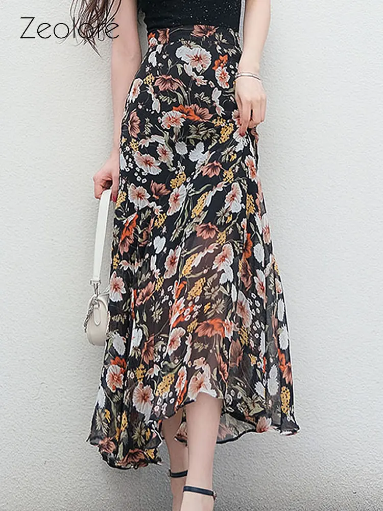 

Zeolore 2022 Summer Women's Floral Printed A line Chiffon Midi Length Skirt BlackDress Elegant High Waist Skirt QT1781