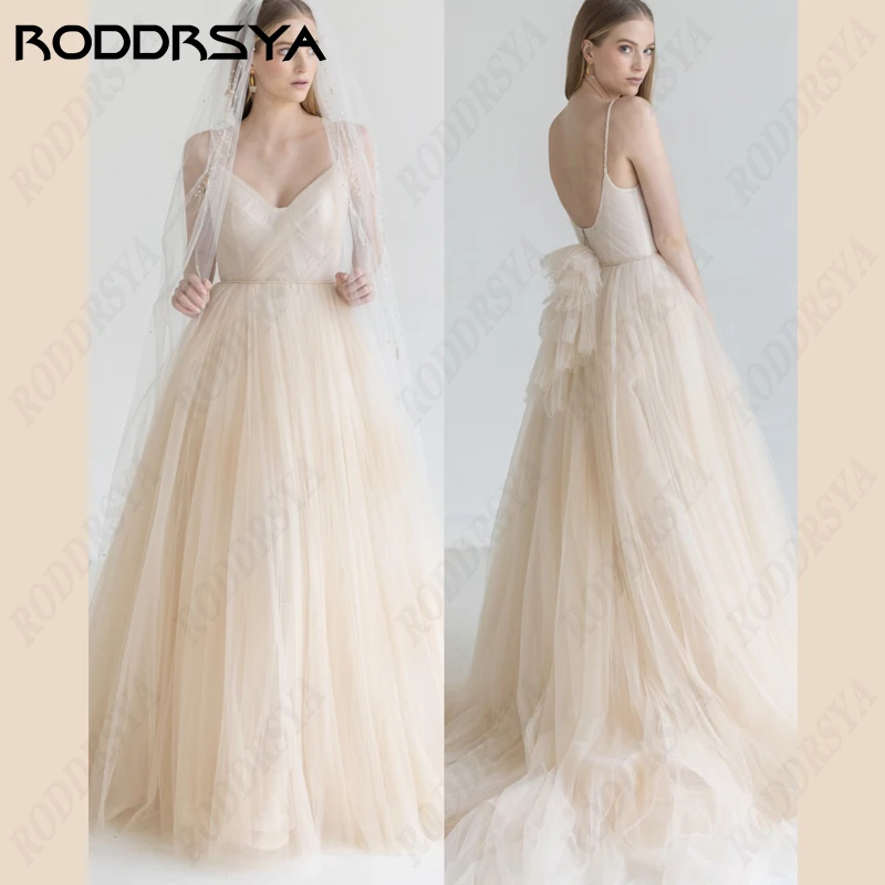 

RODDRSYA Spaghetti Straps Backless Wedding Dress For Women Sleeveless A-Line Bridal Gown V-Neck Tulle Bride Party Robe de Mariee